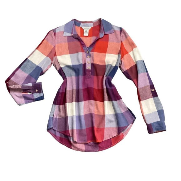 MULTIPLES Sweet Heart Plaid Tunic Top Linen Rayon Sz XS #228E - Picture 9 of 9